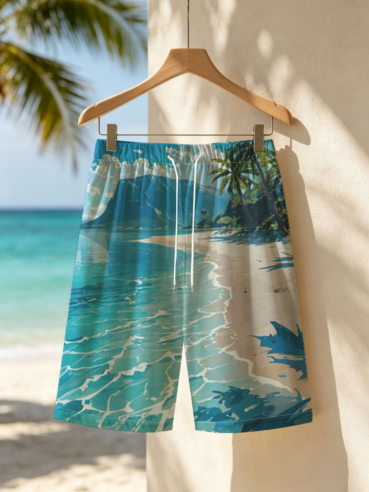 Tropical Beach with Crystal Clear Water and Palm Trees -  Beach shorts