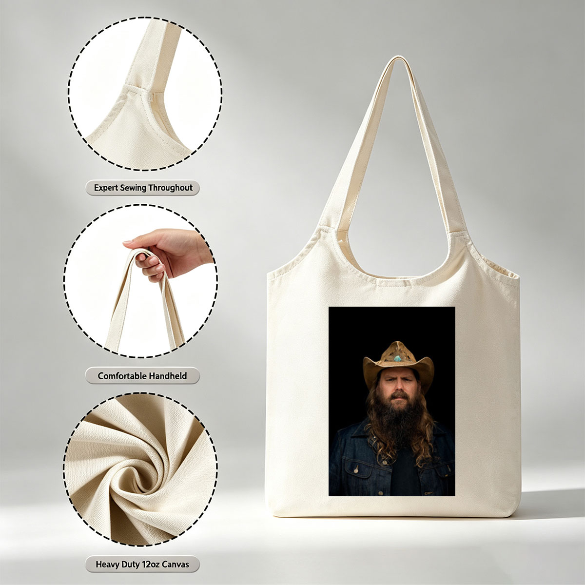 Chris Stapleton in Cowboy Hat and Denim Jacket with Long Beard on Black Background - Canvas shoulder bags/