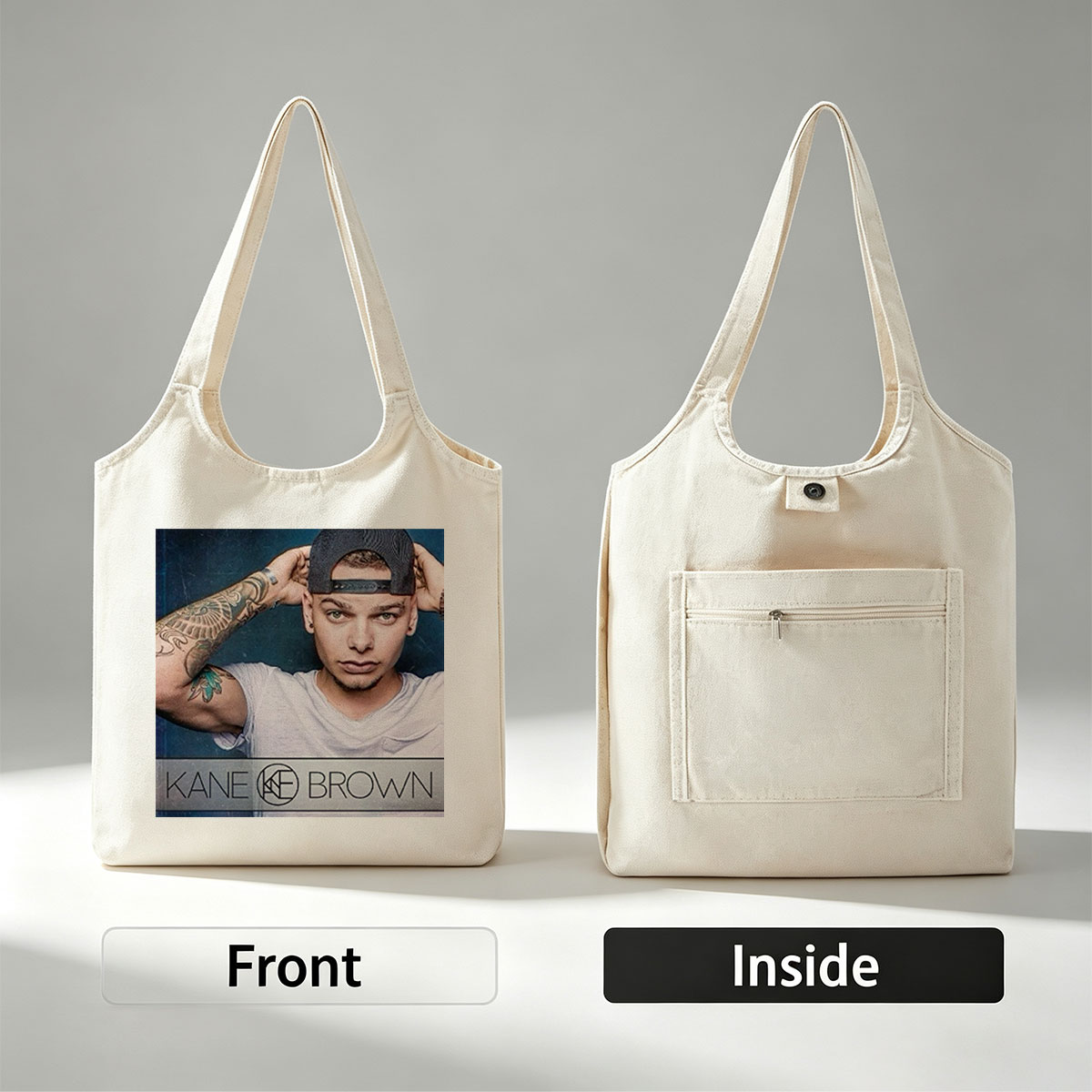 Kane Brown in a Casual Pose with Tattooed Arm and Cap on Dark Background - Canvas shoulder bags/
