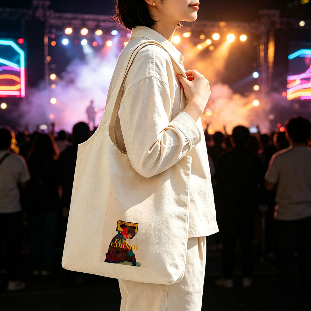 Lost Corner Artist in Colorful Jacket with Arrow Sign and Text Overlay - Canvas shoulder bags/