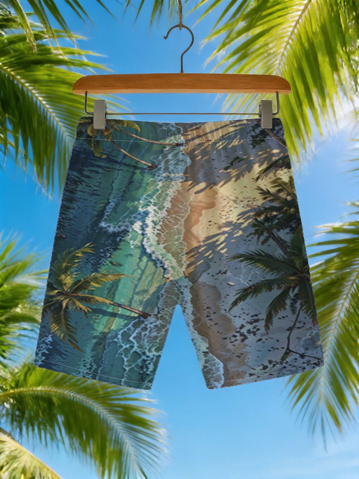 Tropical Beach with Palm Trees and Crystal Clear Waves -  Beach shorts