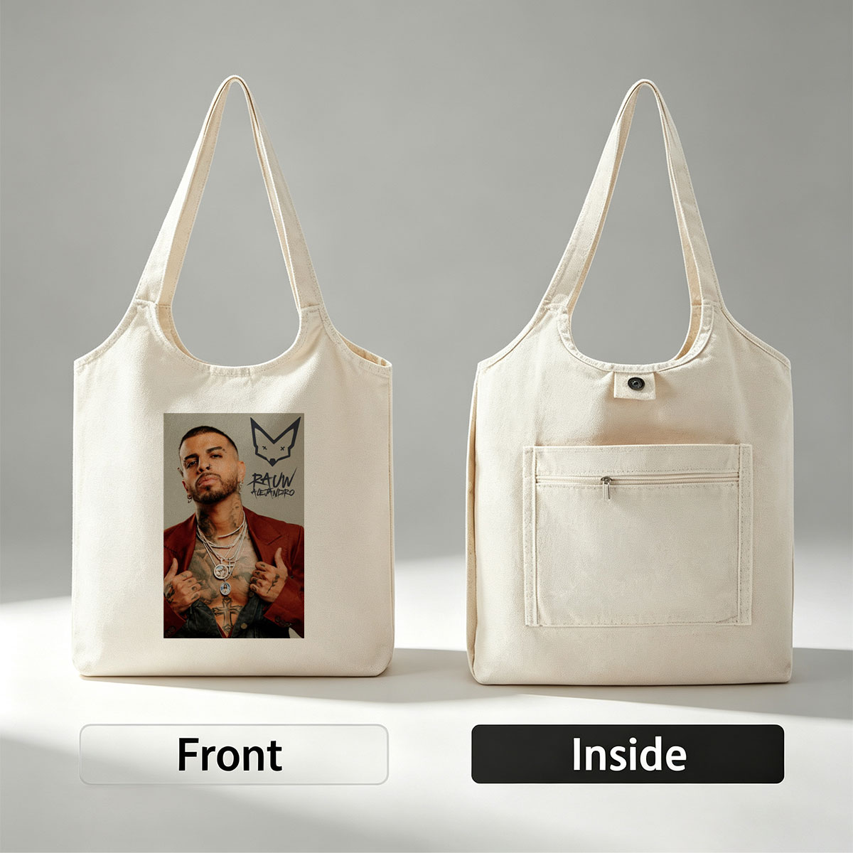 Rauw Alejandro Pose with Tattooed Chest and Multiple Necklaces in Red Blazer - Canvas shoulder bags/