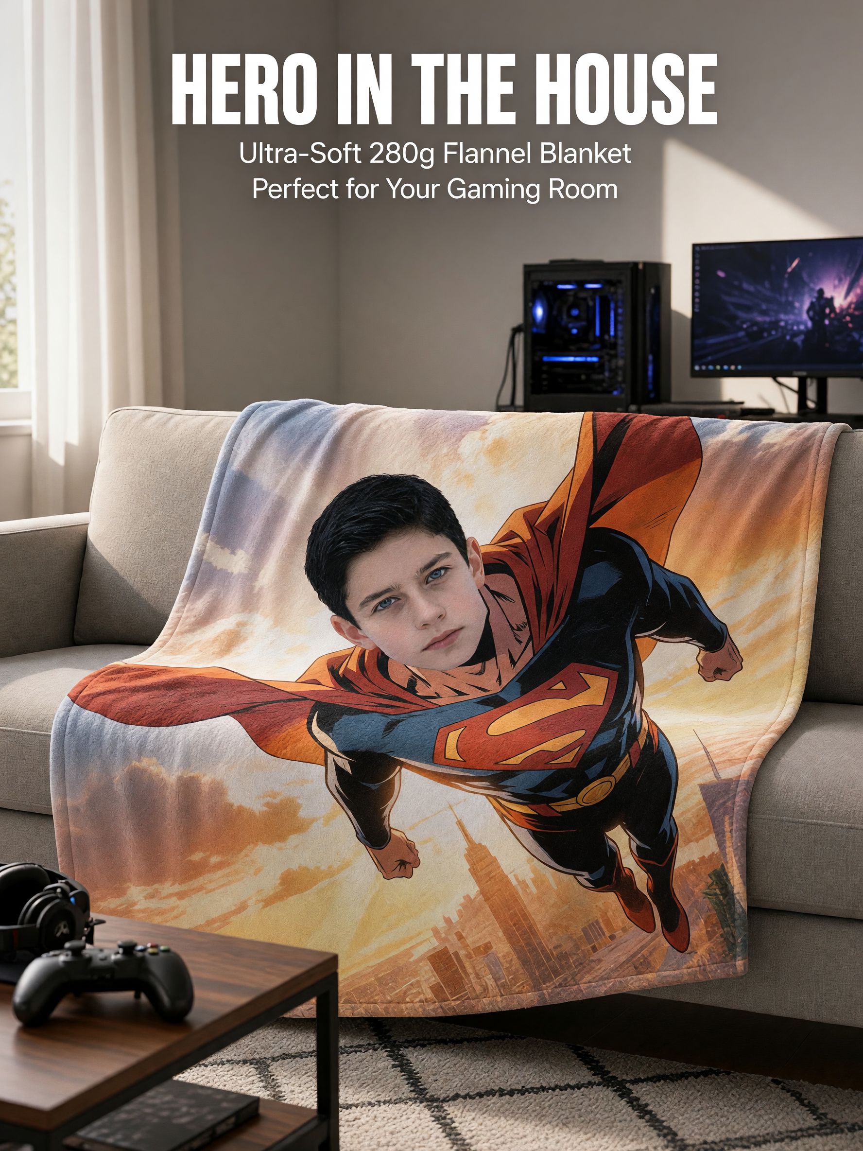 Custom Photo Face Blanket Personalized Superhero Flannel Throw Anti-Pilling Ultra-Soft Warm Fleece Cozy Bed Couch Gift