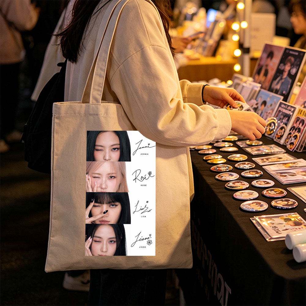 BLACKPINK Members Close-Up Portraits with Signature Names and Emojis - Canvas tote bags