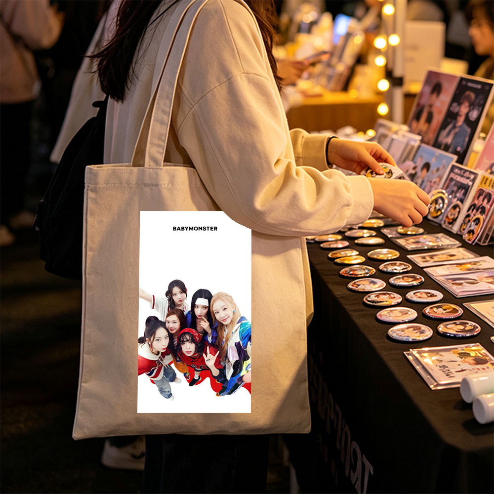BABYMONSTER Group Photo - Five Members Posing Playfully in Colorful Outfits Against White Background - Canvas tote bags