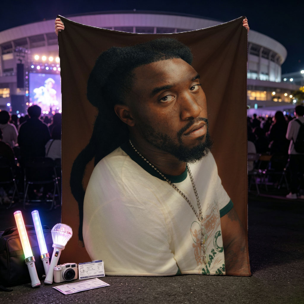 Burna Boy in a Stylish Portrait Wearing a White T-Shirt and Beaded Necklace - Blankets