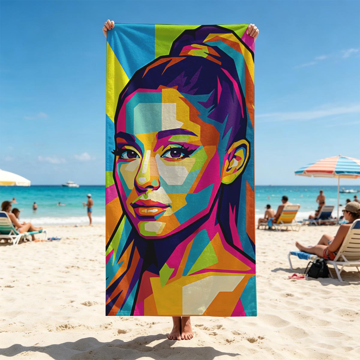 Colorful Pop Art Portrait of a Woman with Vibrant Geometric Patterns - Beach towels