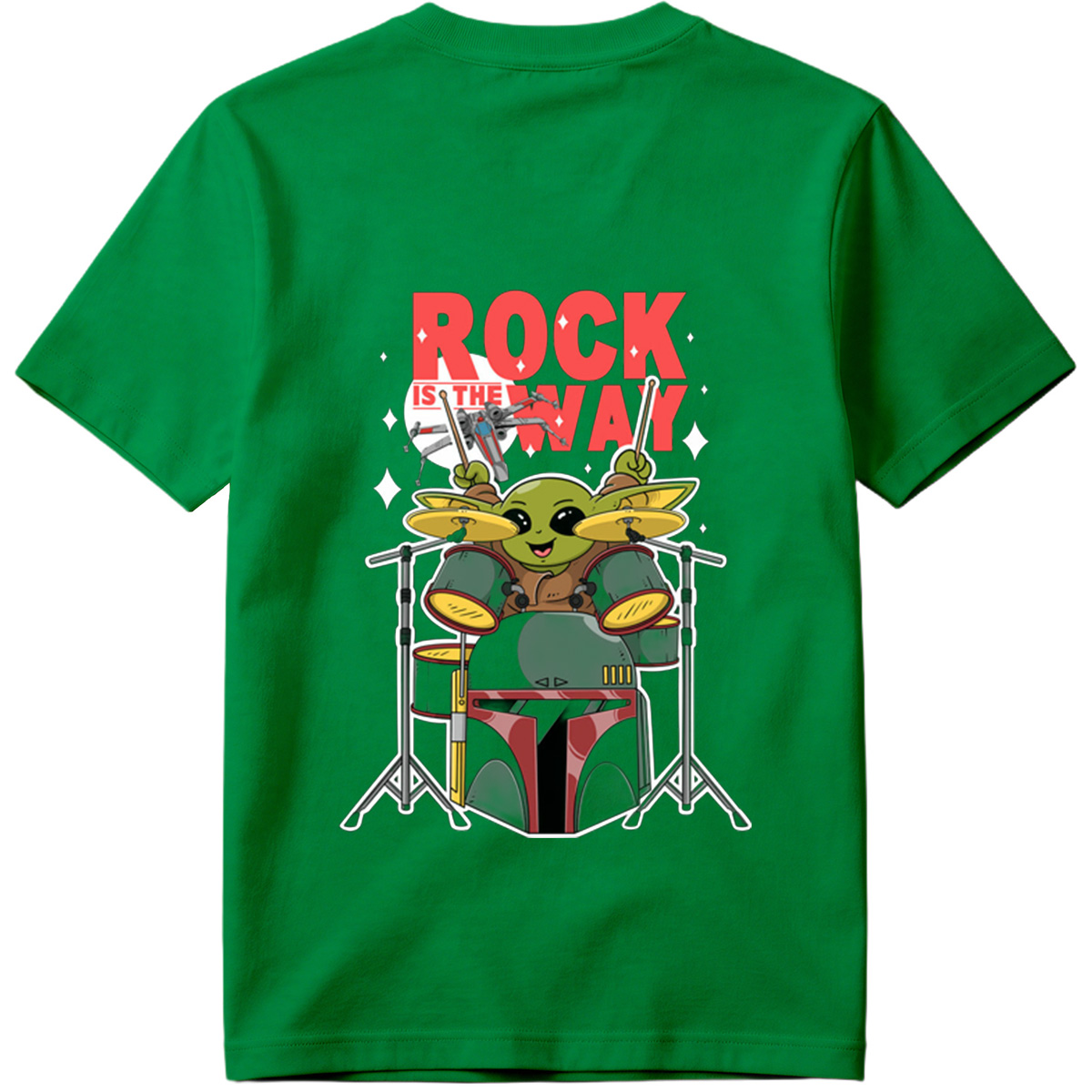 Baby Yoda Rocks the Drums with Boba Fett Helmet - Tee