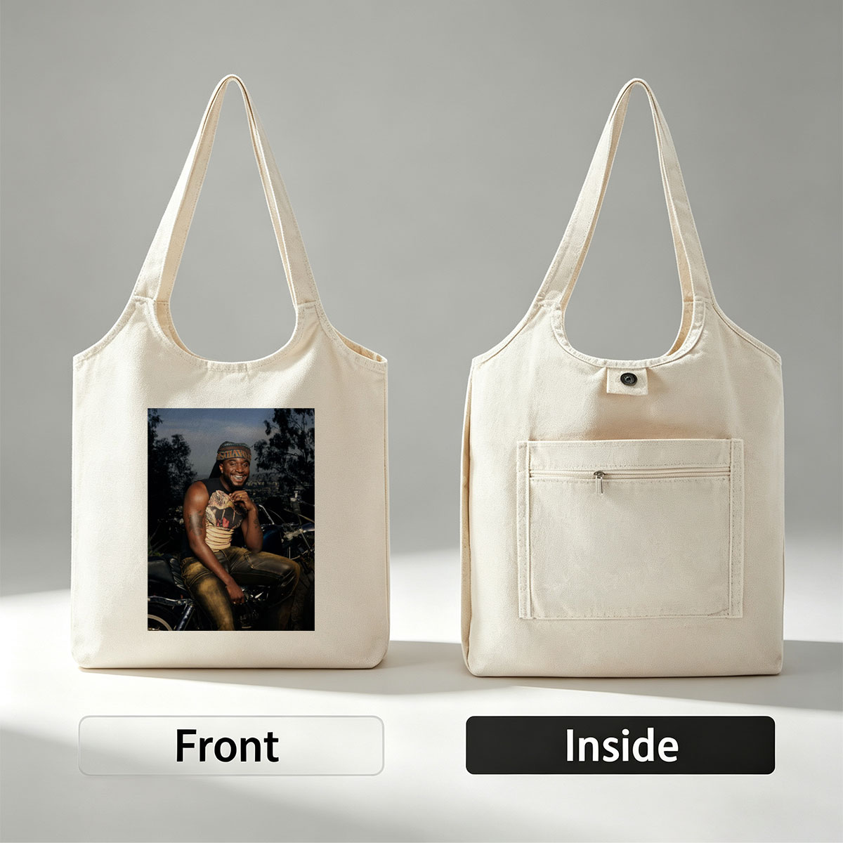 Terry Crews on Motorcycle with City View in Background - Canvas shoulder bags/