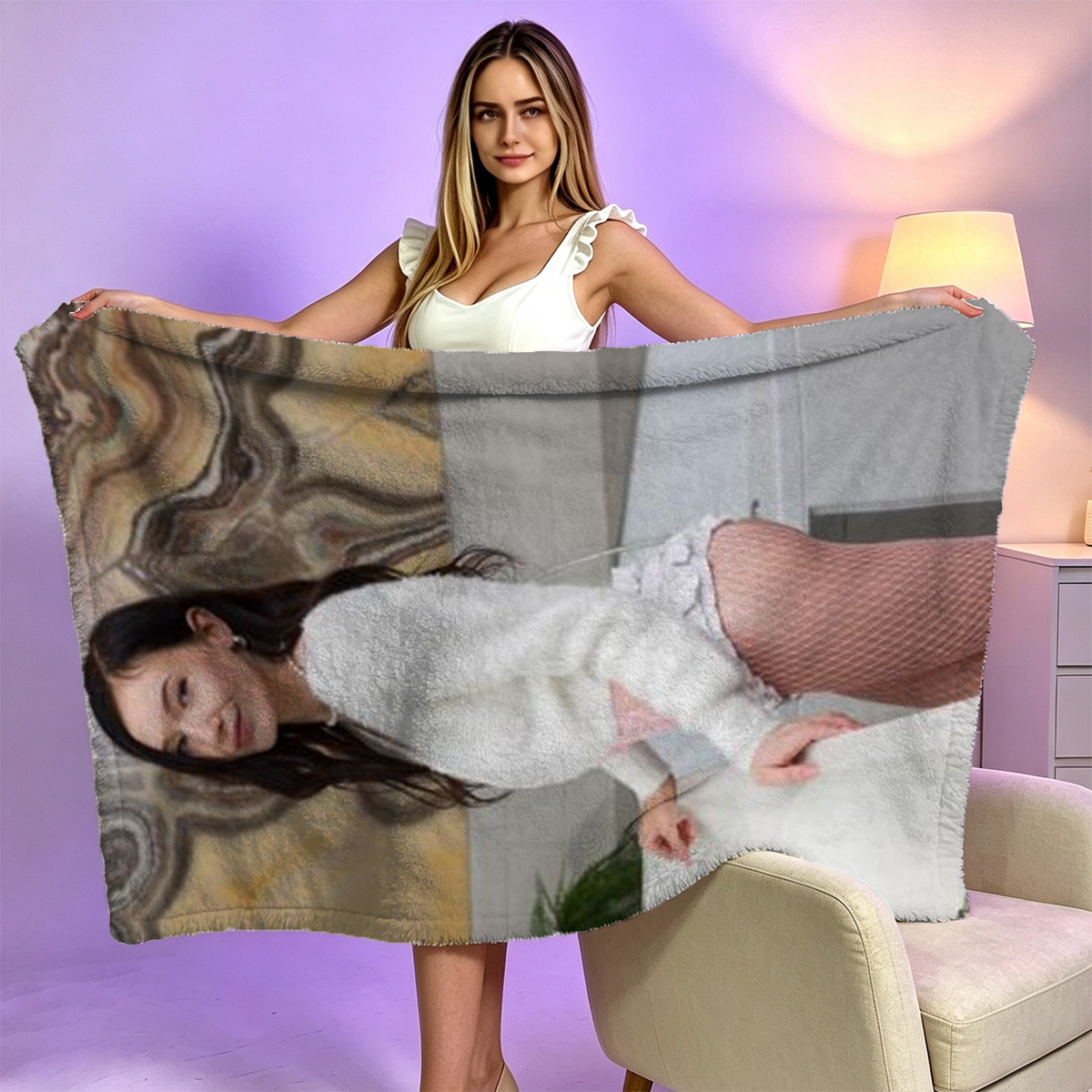 Dakota Johnson in a sheer brown robe sitting barefoot in a modern living room - FEMJOY - Blanket