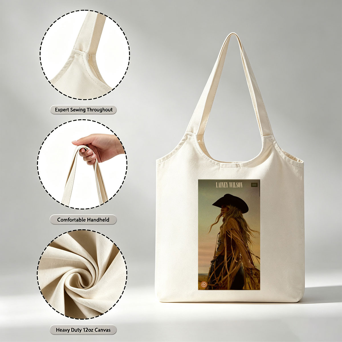 Lainey Wilson in a Cowboy Outfit Standing in a Field at Sunset - Canvas shoulder bags/