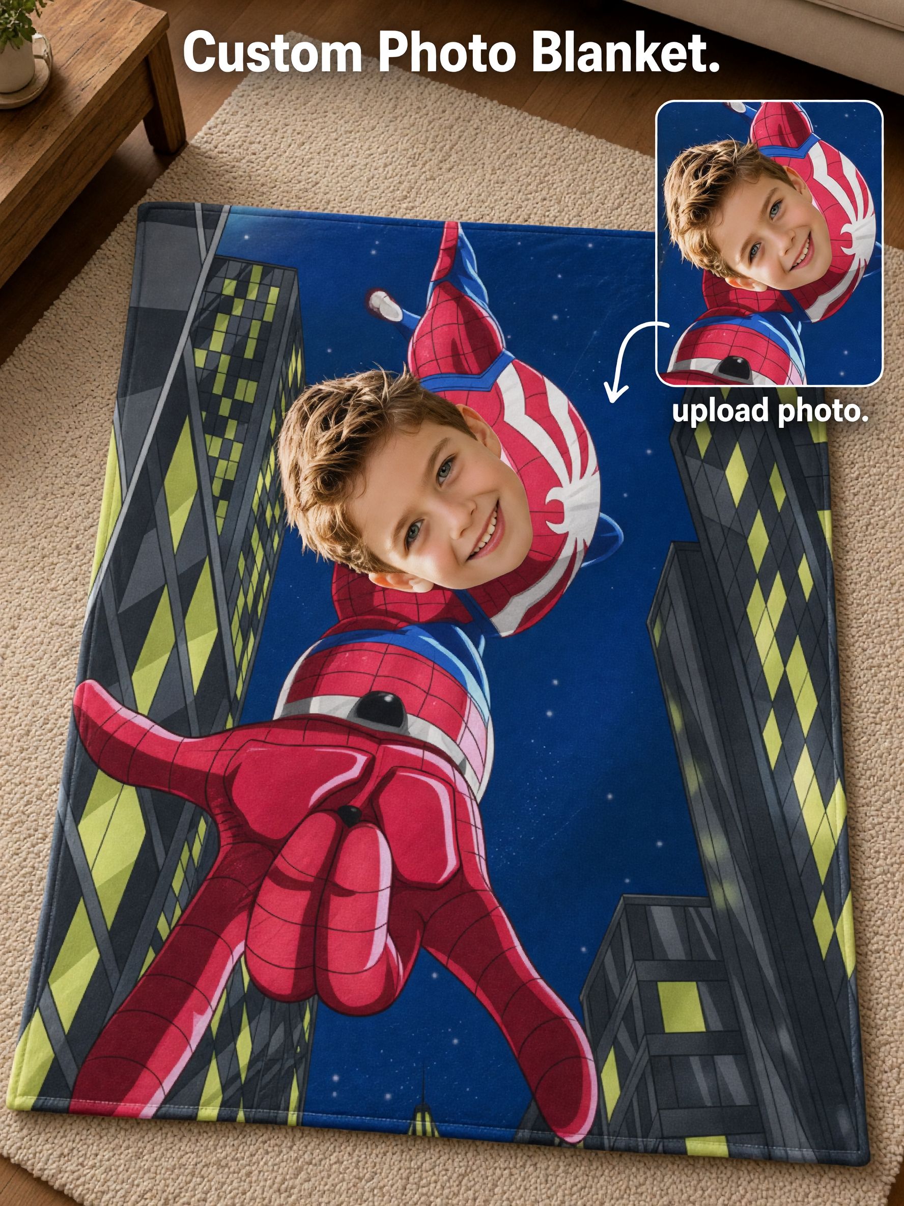 Custom Photo Superhero Flannel Blanket, Personalized Face Throw for Kids Bed and Sofa, Cozy Keepsake Gift