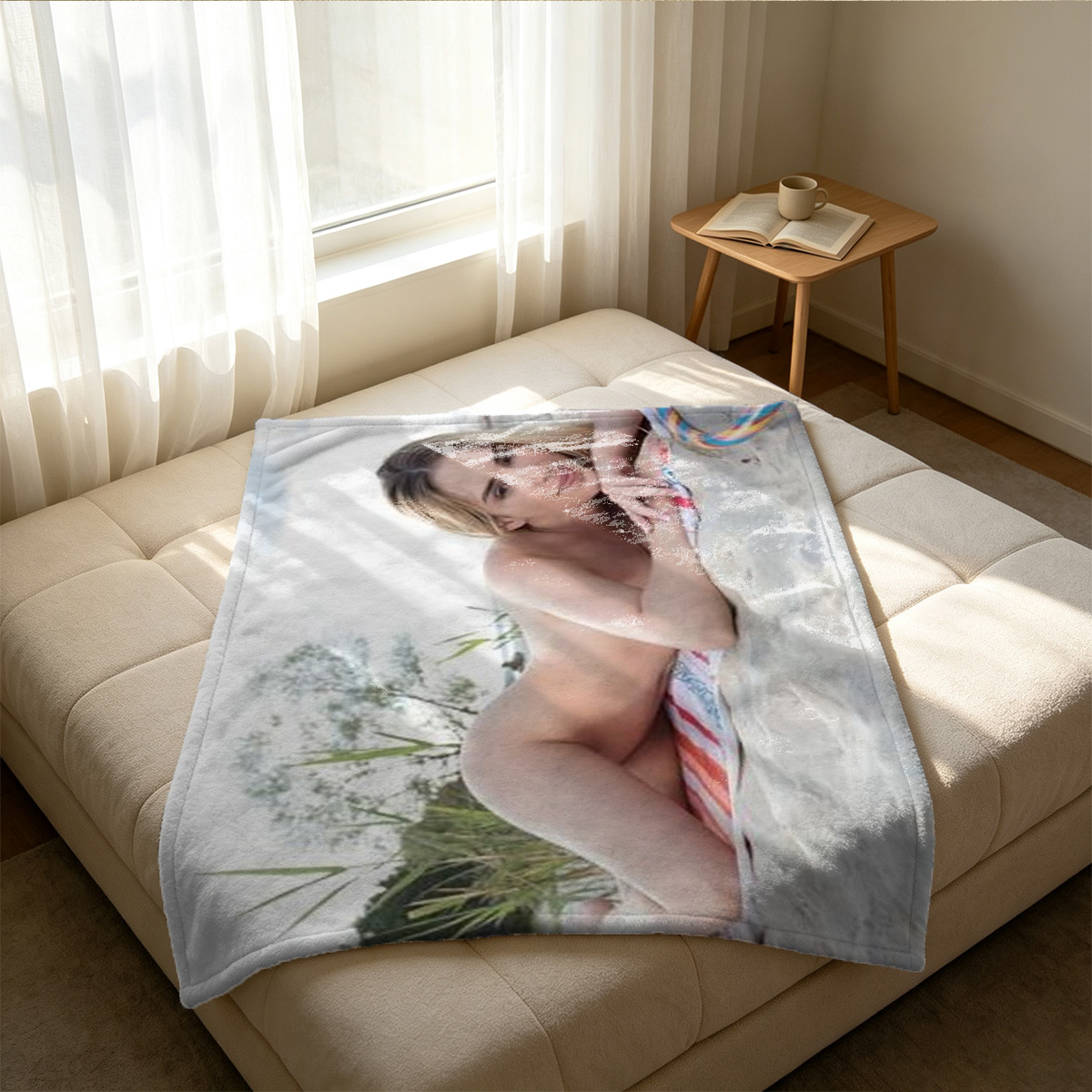 Two Chinese Beauties in Sheer Hanfu Robes, Seductive Pose on Green Couch - Blanket