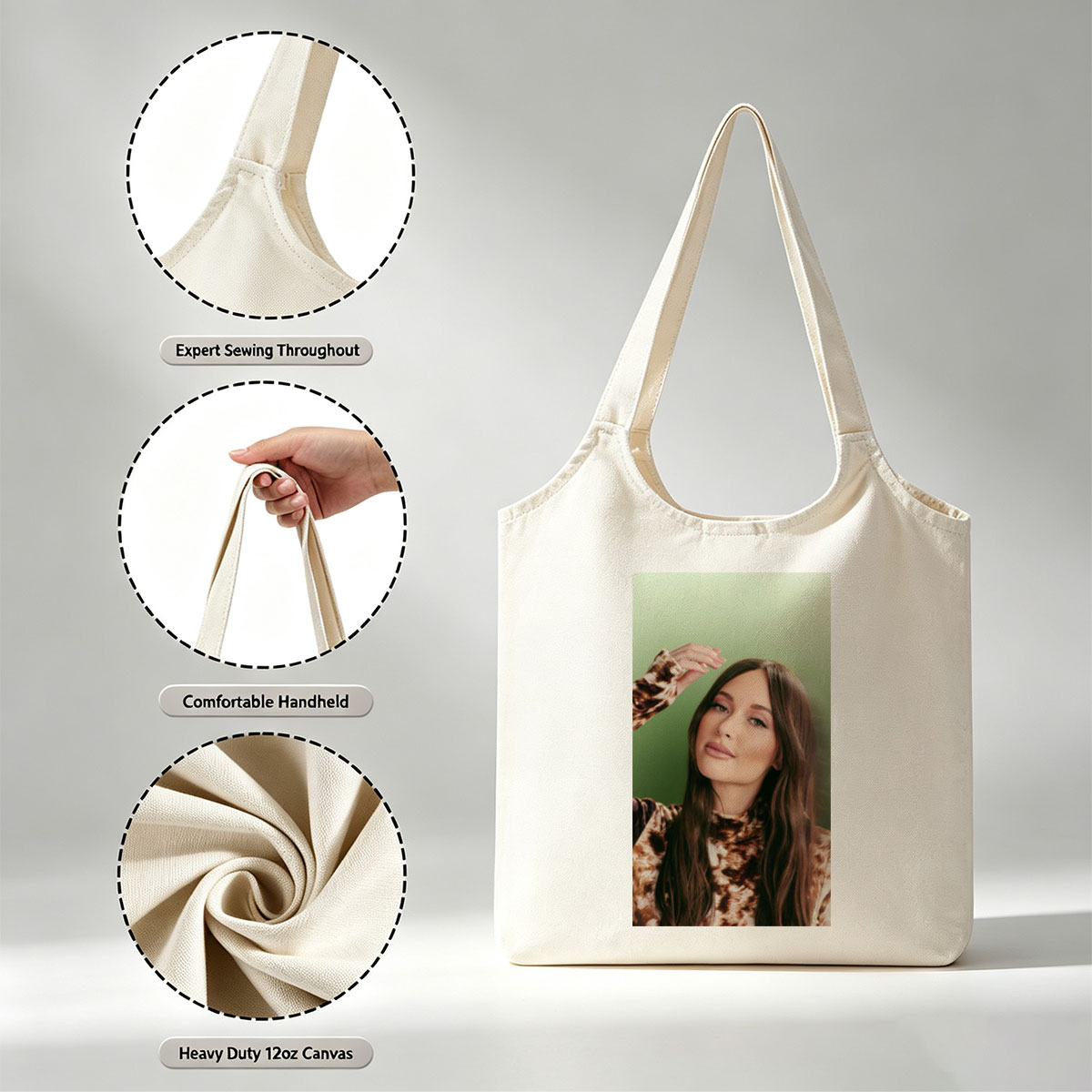 Olivia Rodrigo in a Fashion Portrait Wearing a Leopard Print Top Against a Green Background - Canvas shoulder bags/