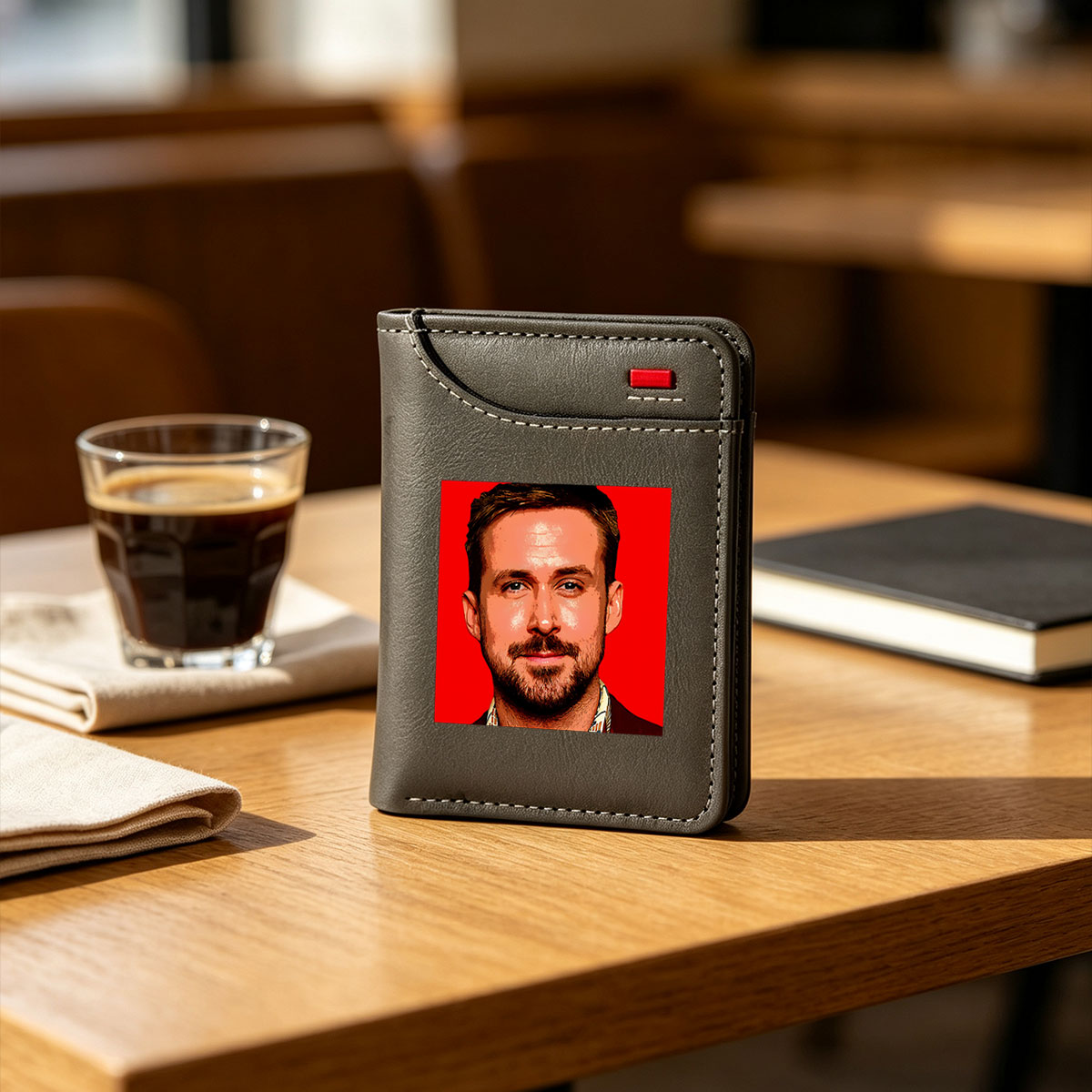 Ryan Reynolds in a bold red portrait with a stylish suit and patterned shirt, showcasing his signature charm and confidence. - Vertical Style Wallet