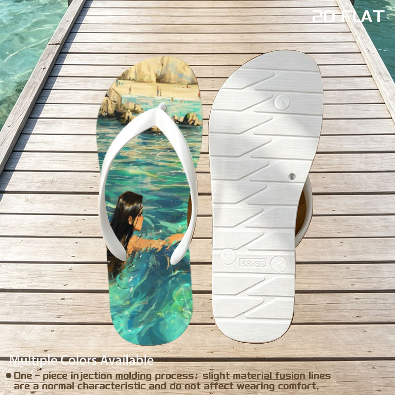 Woman swimming in clear blue water near rocky shore -  flip-flops