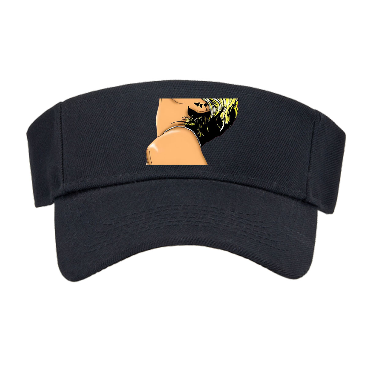 Miley Cyrus in a stylized portrait with bold yellow hair and a black top, artwork by Nerd Jersey Arts. -  Visor cap