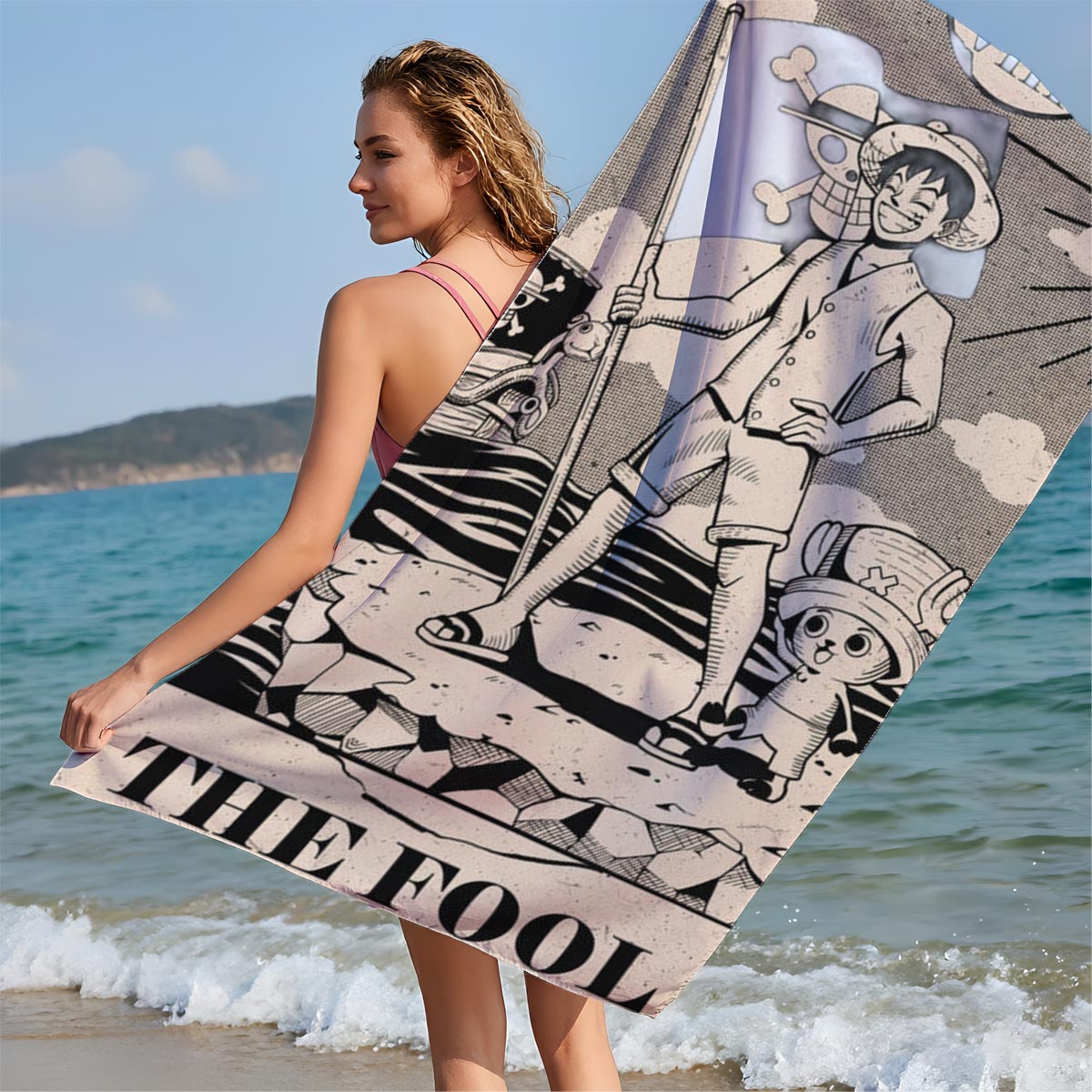 One Piece: Luffy and Chopper as The Fool Tarot Card - Beach towels