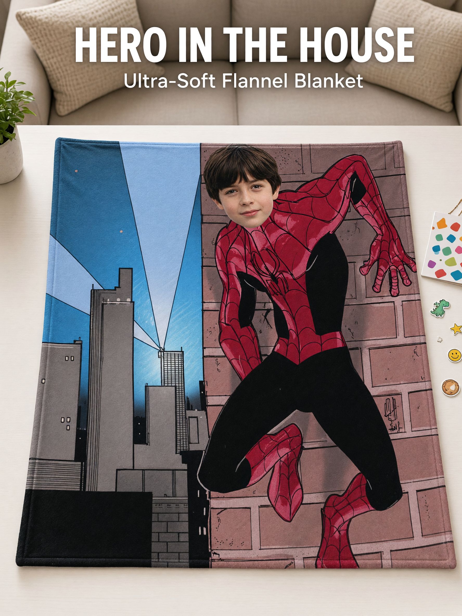 Custom Face Photo Superhero Flannel Blanket Soft Personalized Throw for Bed and Sofa Ideal Gift for Kids and Family