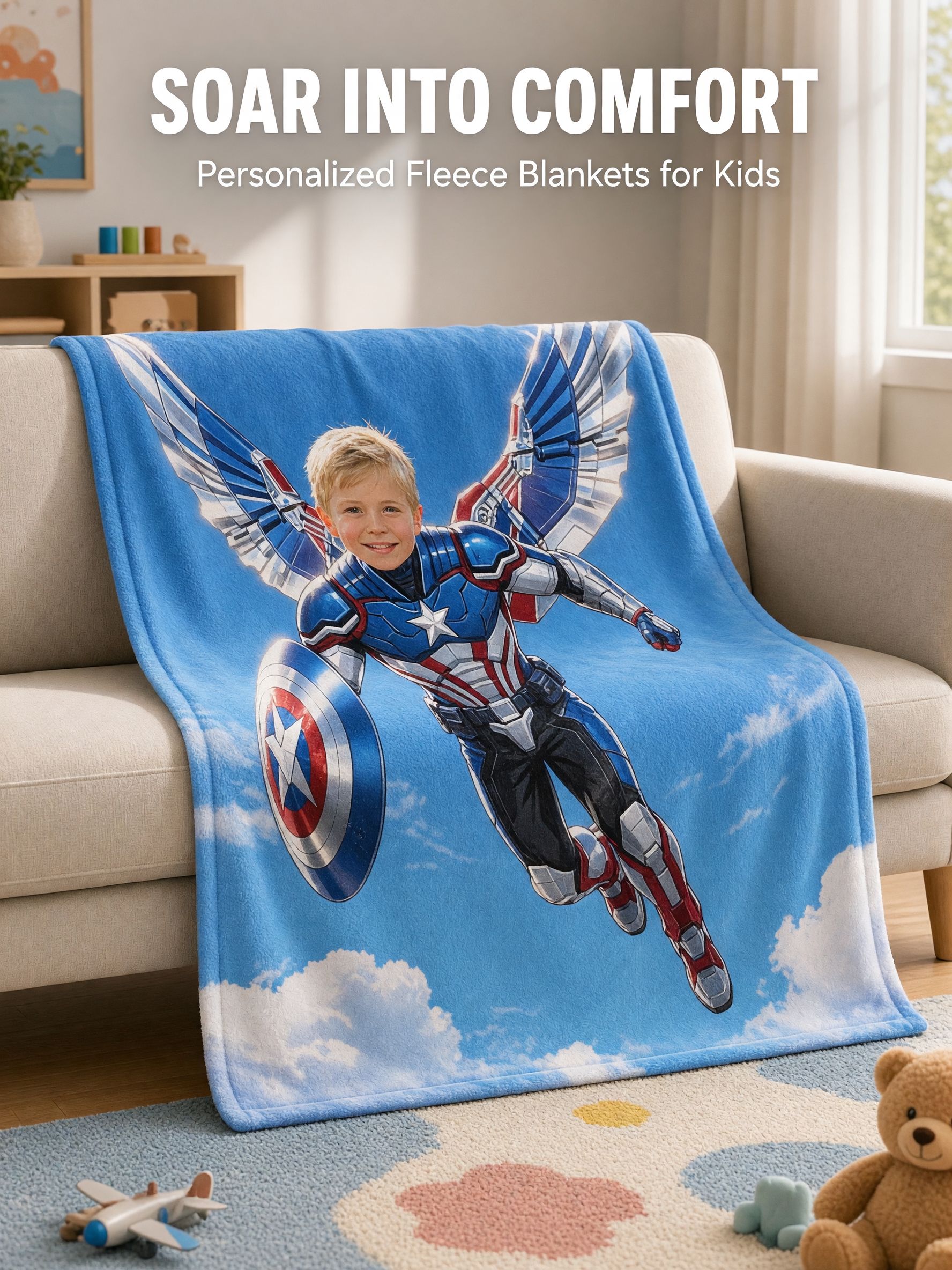 Custom Face Superhero Blanket Personalized Photo Fleece Throw Skin-Friendly Soft Flannel Cozy Gift for Kids and Family