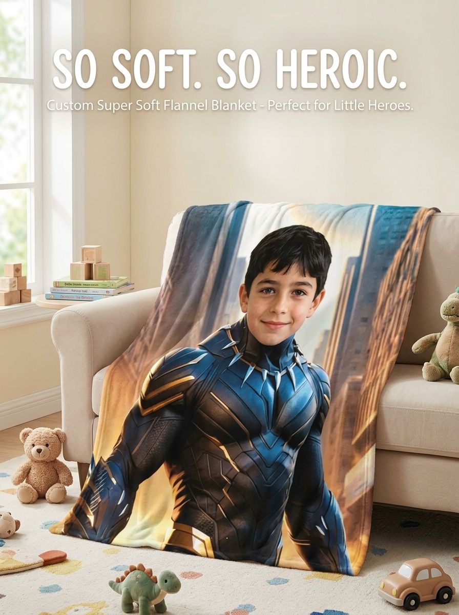 Custom Photo Superhero Flannel Blanket Ultra Soft Anti Pilling Plush Throw Cozy Personalized Hero Gift for Kids