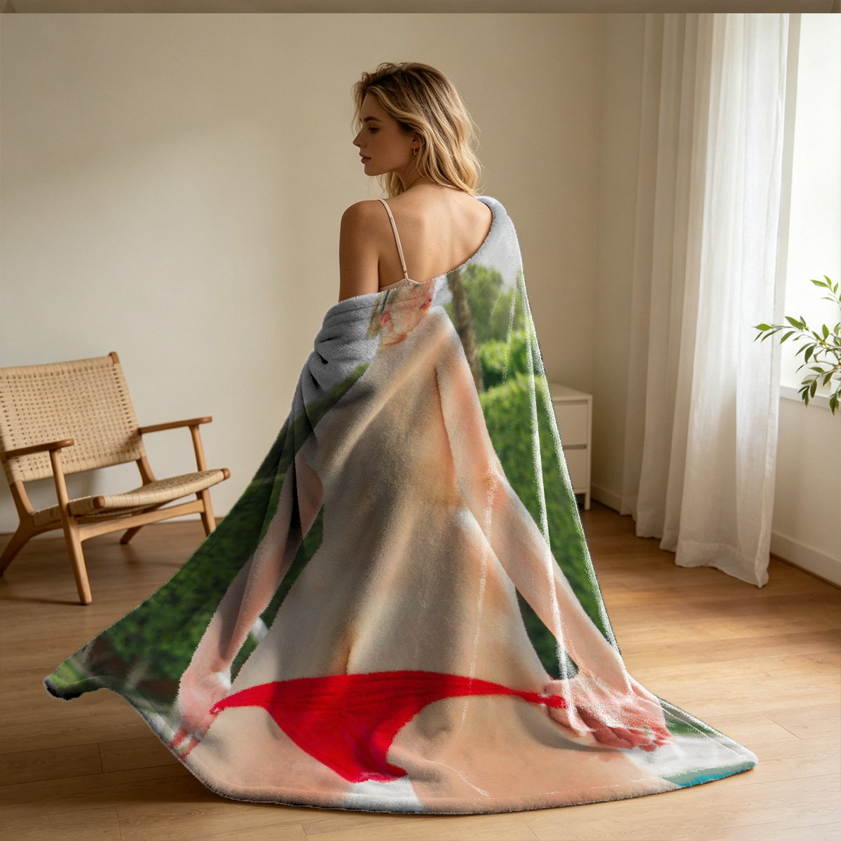 A woman in heart-patterned lingerie pulling down her panties in a living room. - Blanket