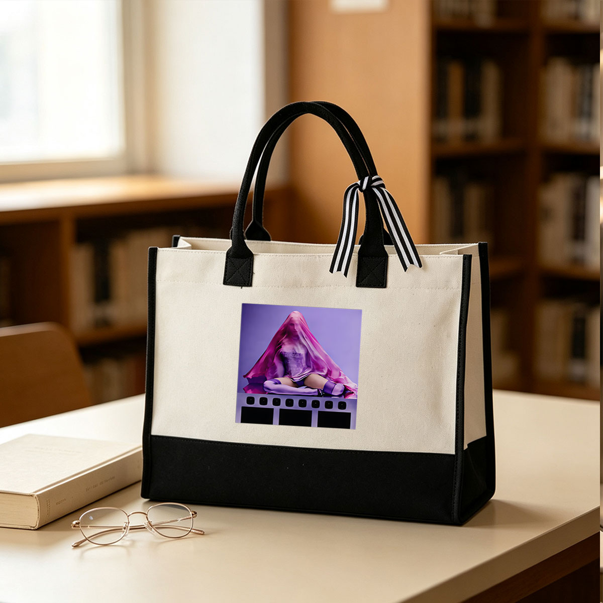 Mysterious Figure in Purple Veil, Seated on Film Strip - Canvas patchwork gift tote bag