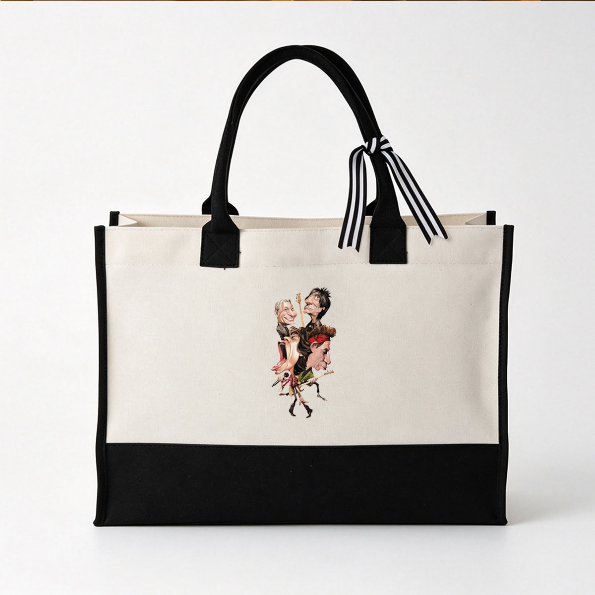 Caricature of The Rolling Stones: Mick Jagger, Keith Richards, Charlie Watts, and Ronnie Wood in a dynamic rock performance. - Canvas patchwork gift tote bag