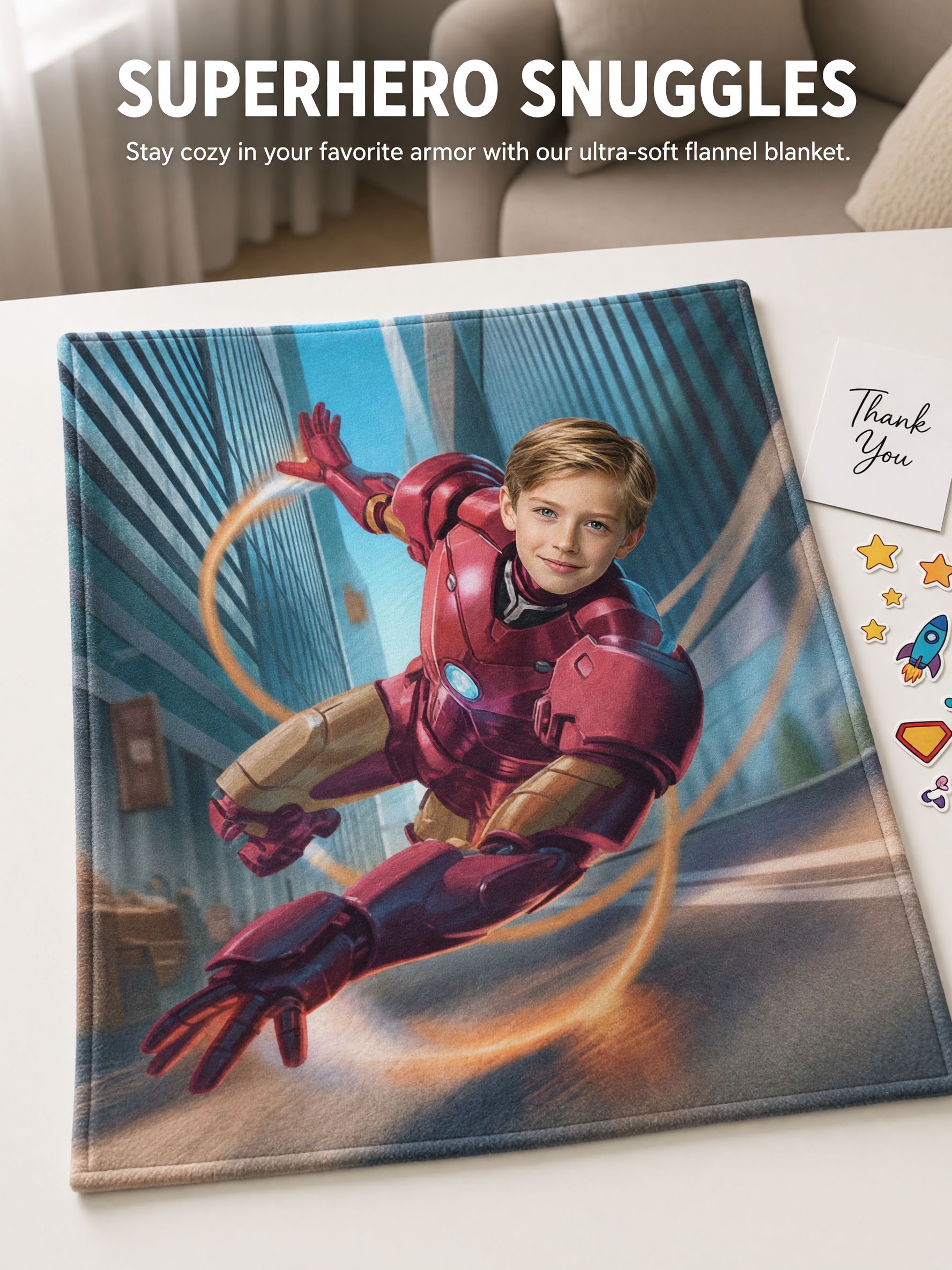 Personalized Custom Face Superhero Flannel Blanket Ultra Soft Plush Photo Throw Ideal Keepsake Gift for Kids and Family