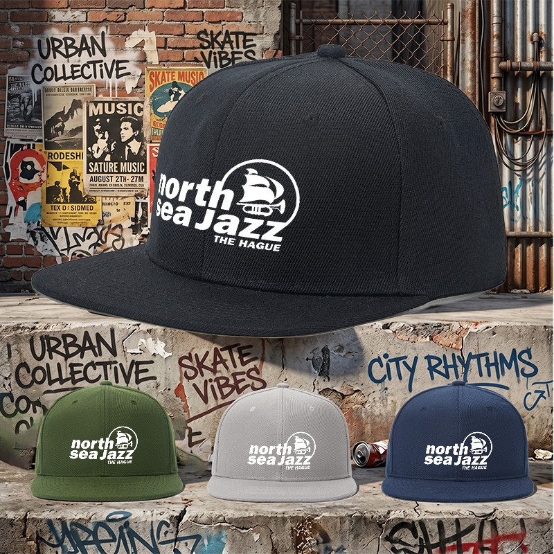 Flat Brim Baseball Cap North Sea Jazz The Hague Logo Print Streetwear Underground Skate Style Hat for Skateboarders and Urban Music Lovers Basketball Courts Streetwear Scenes