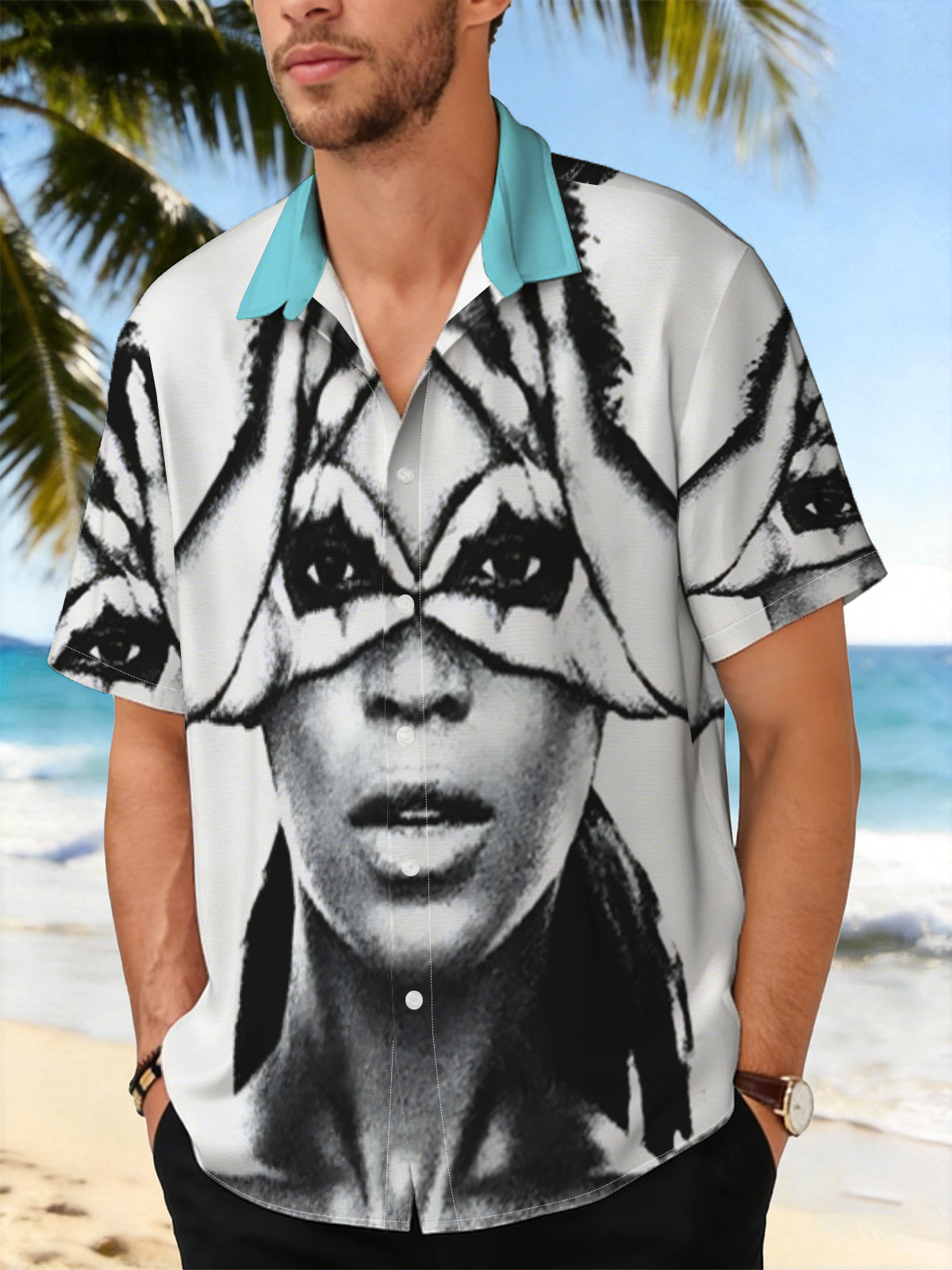 Woman with Hands Forming X Over Eyes, Dramatic Makeup, Black and White Portrait -  Shirt