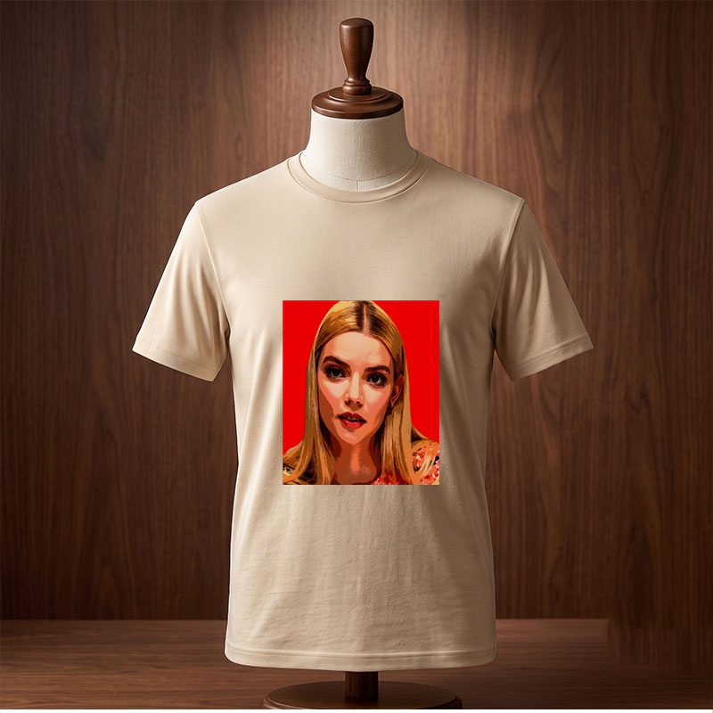 Anya Taylor-Joy in a stylized portrait with bold red background - Tee