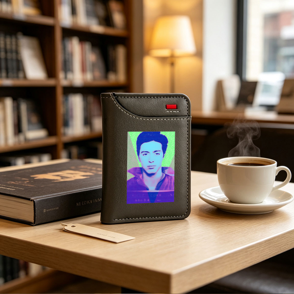 A stylized portrait of a man with vibrant, colorful lighting and geometric overlays. - Vertical Style Wallet