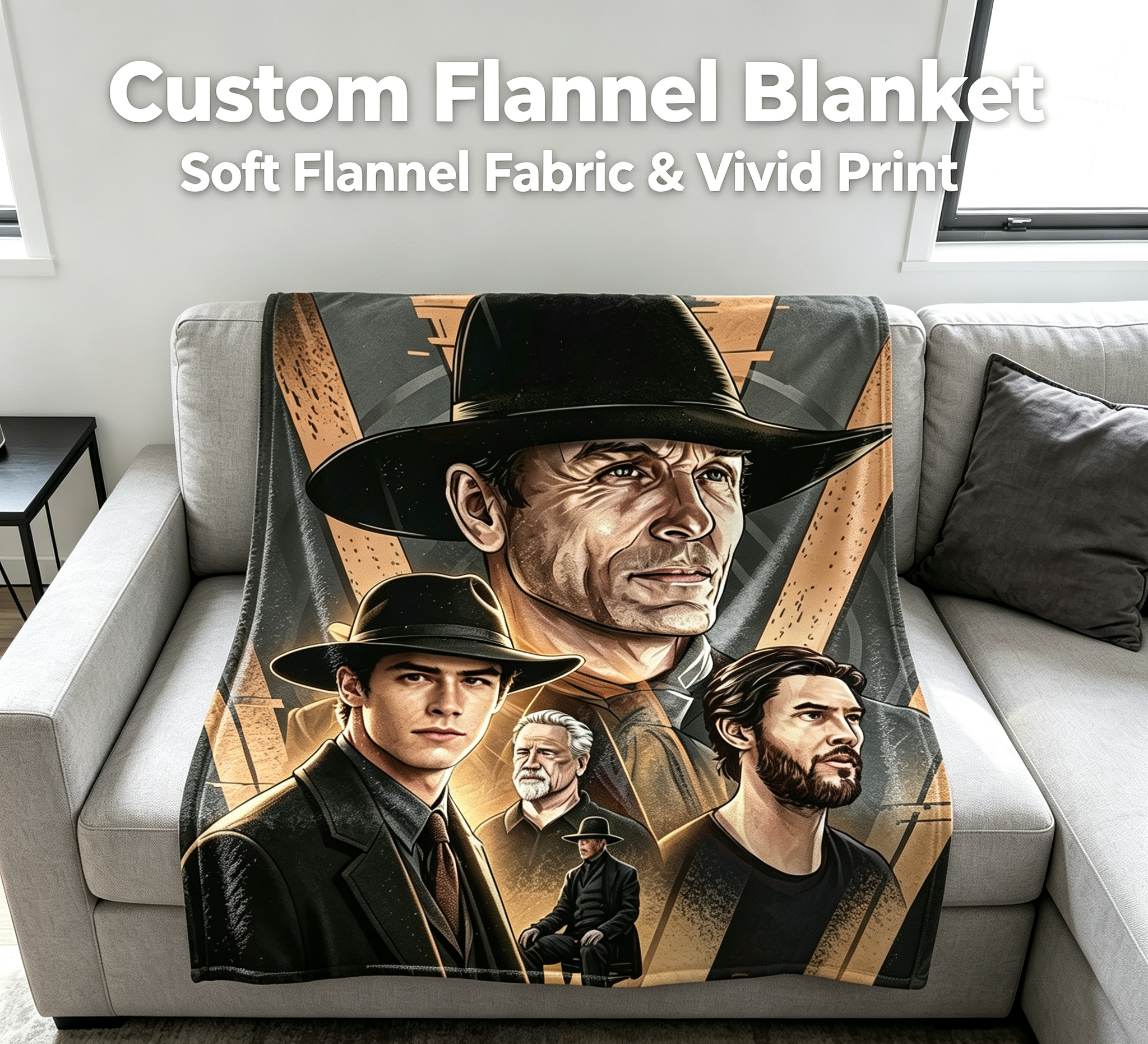 Custom Face Blanket Featuring Iconic Characters in Classic Fedoras Flannel Blanket Perfect for Cozy Nights and Movie Fan Gifts