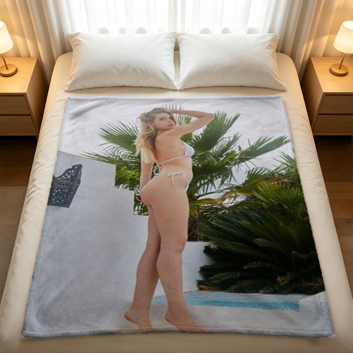 Beautiful Woman in Colorful Thong Posing on Couch - Blanket