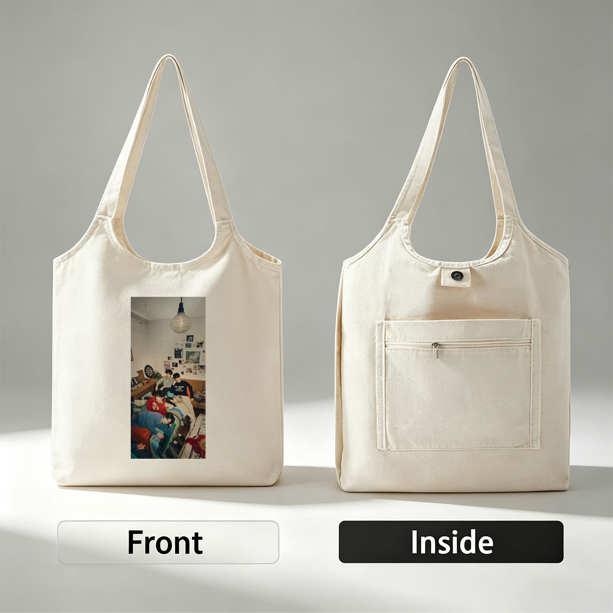Stray Kids Relaxing in Cozy Living Room with Colorful Canvas shoulder bags/ and Wall Art - Canvas shoulder bags/