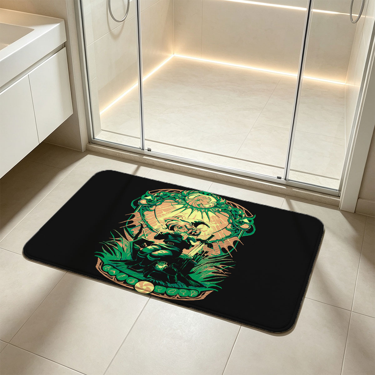 Link from The Legend of Zelda, wielding sword and shield, framed by ornate green design with Triforce symbols - Flannel floor mat