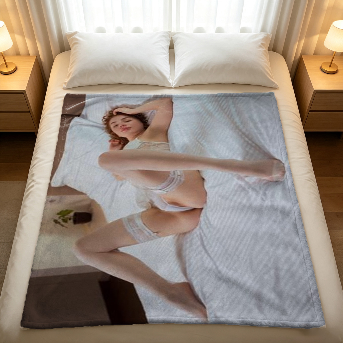 Nude blonde on pool table with orange ball. - Blanket