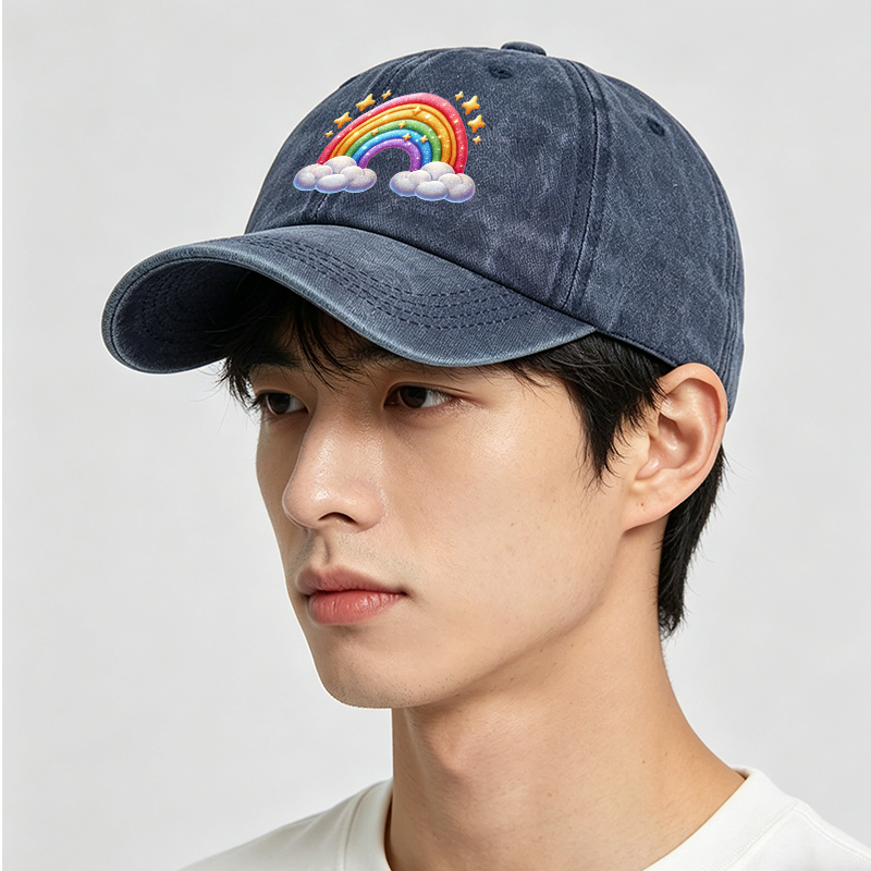 Men's Printed Washed Cap Rainbow Stars Clouds Design Casual Round Brim Summer Lightweight Hat for Outdoor Activities and Daily Wear, Suitable for Adults Seeking Fun and Comfortable Headwear