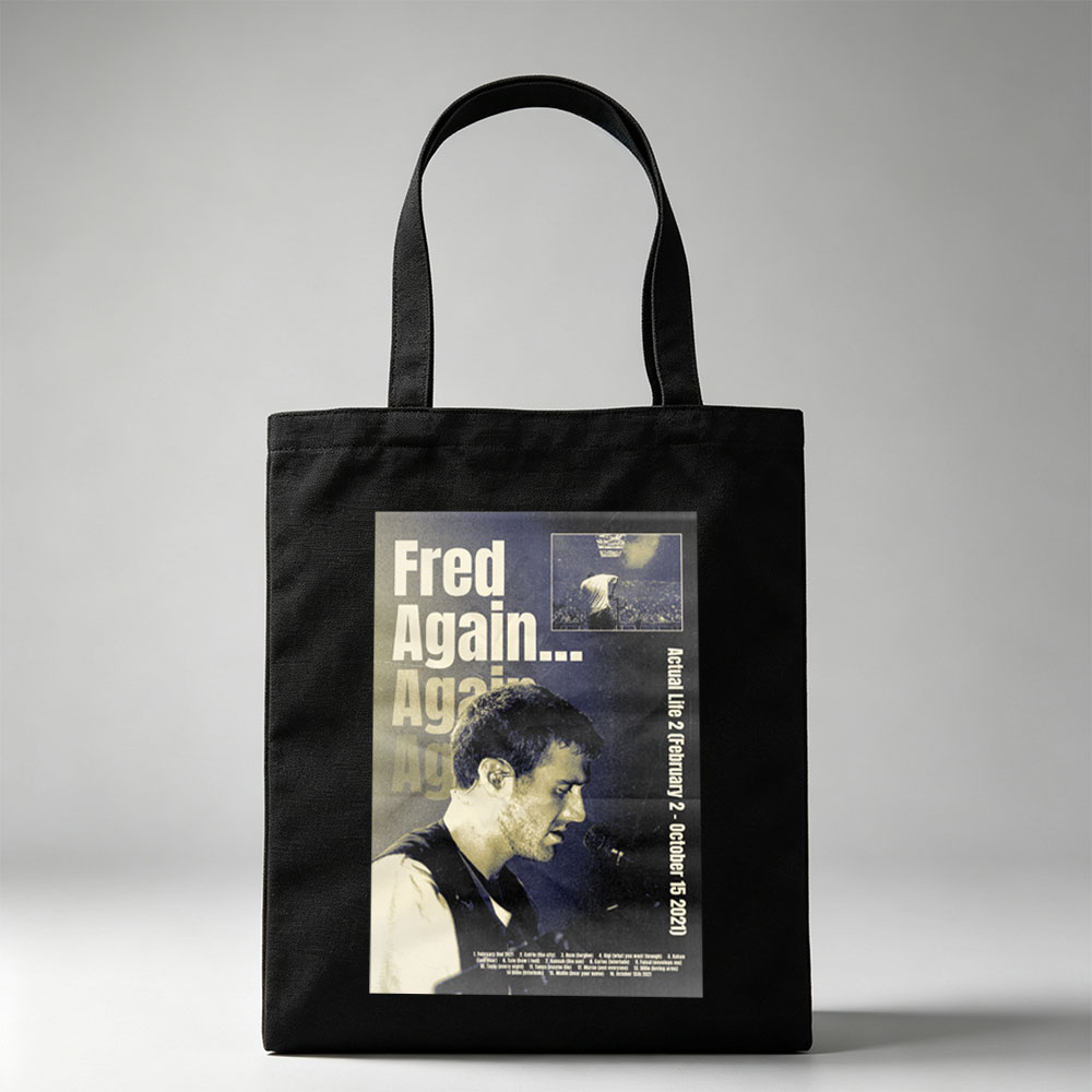 Fred Again... Live Performance Poster Featuring Artist on Stage with Microphone and Concert Crowd in Background - Canvas tote bags