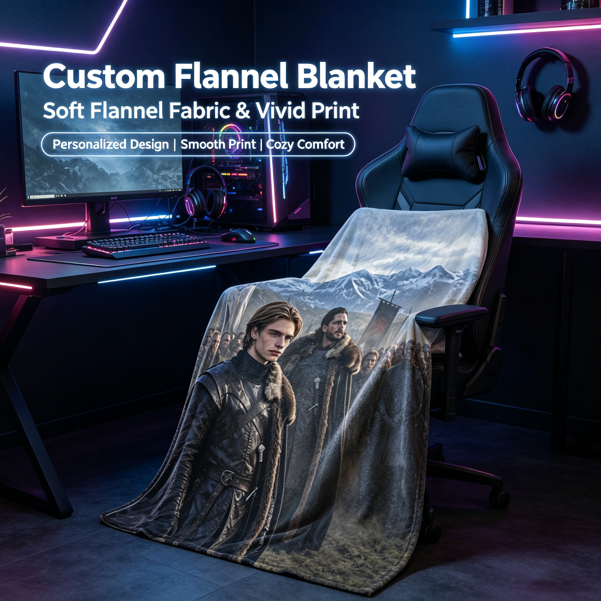 Custom Face Blanket Game of Thrones Inspired Flannel Blanket for Couch, Bed, or Travel – Perfect Gift for Fans and Collectors