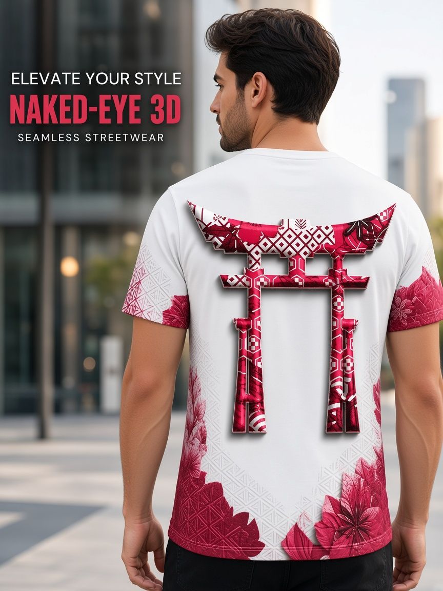 Japanese Torii Gate 3D Optical Illusion Graphic Tee, Breathable Athletic Mesh T-Shirt, Casual Sports Wear