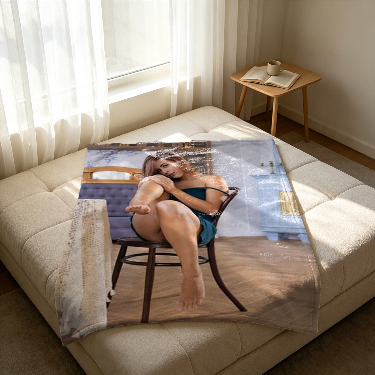 Four Japanese models in white lingerie posing on a bed. - Blanket