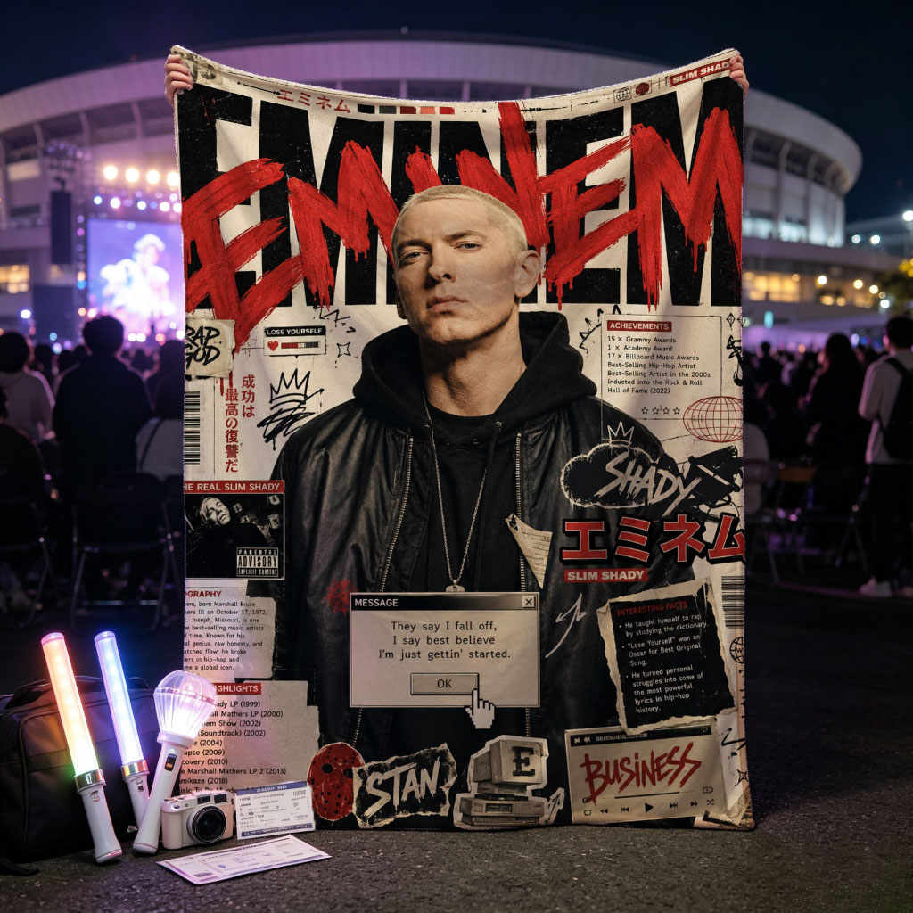 Eminem on a vibrant magazine cover featuring bold red text, career highlights, and iconic album references. - Blankets