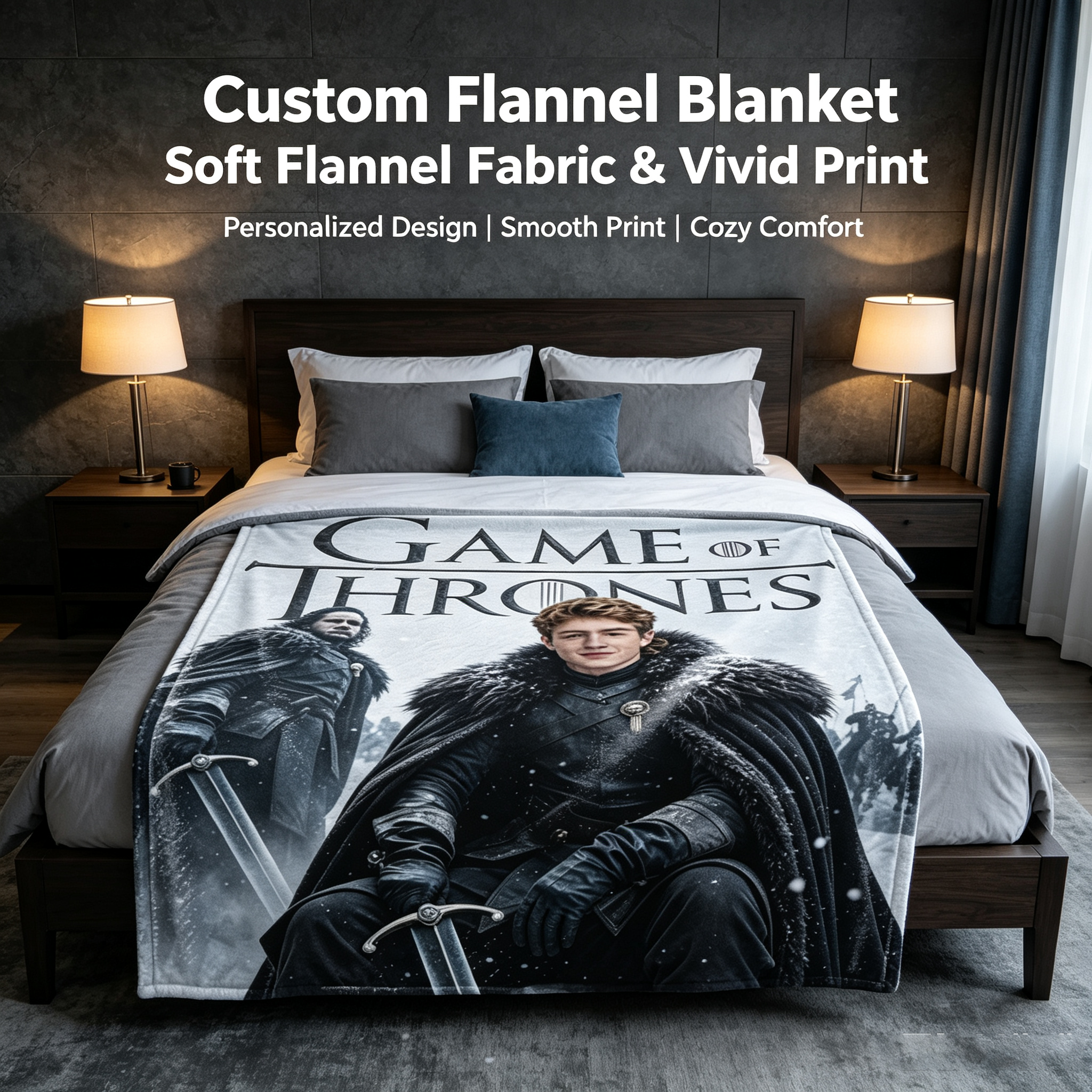 Custom Face Blanket Game of Thrones Flannel Blanket Winterfell Theme Cozy Bedding Gift for Fans