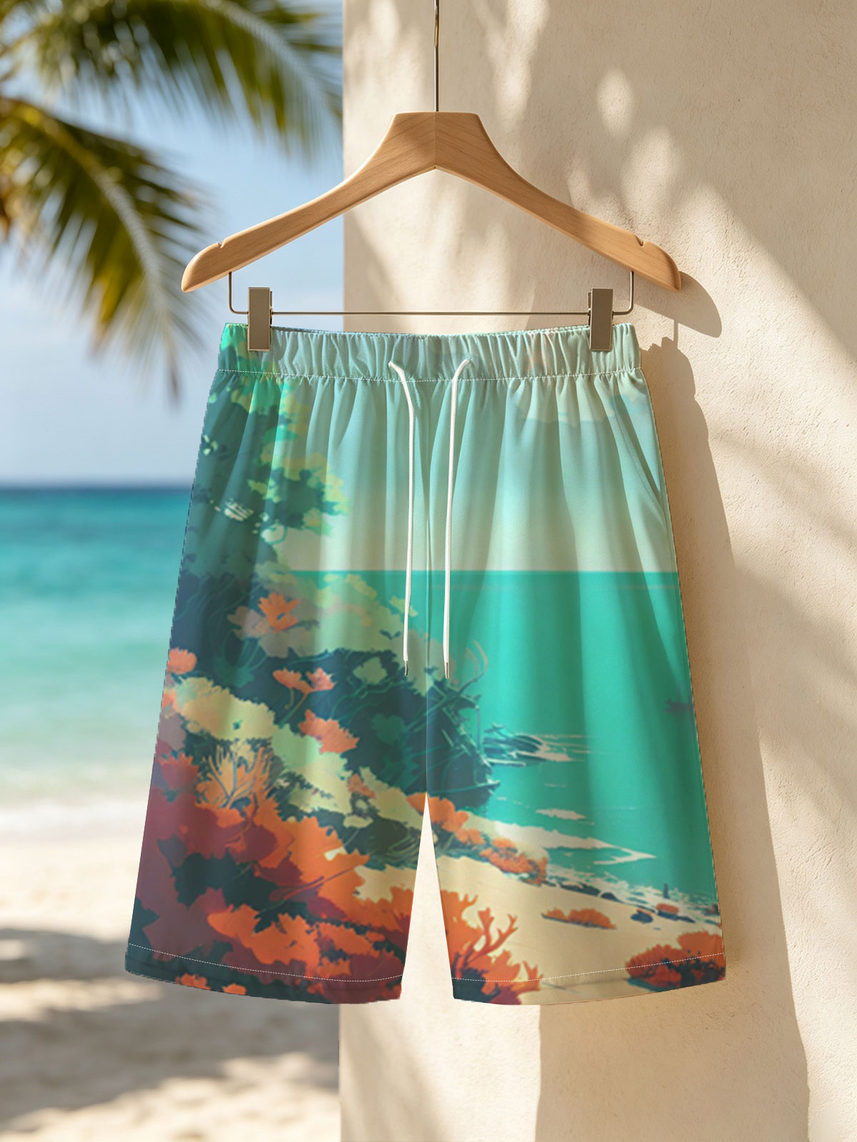Colorful coastal landscape with vibrant flora and a distant ship on turquoise waters. -  Beach shorts