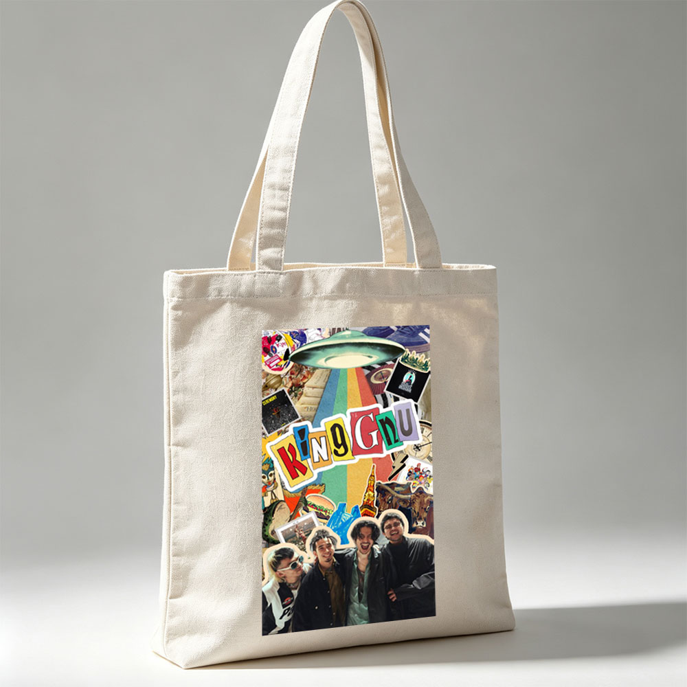 King Gnu Band Members in a Vibrant Collage Featuring Rainbow Path, UFO, and Pop Culture Elements - Canvas tote bags
