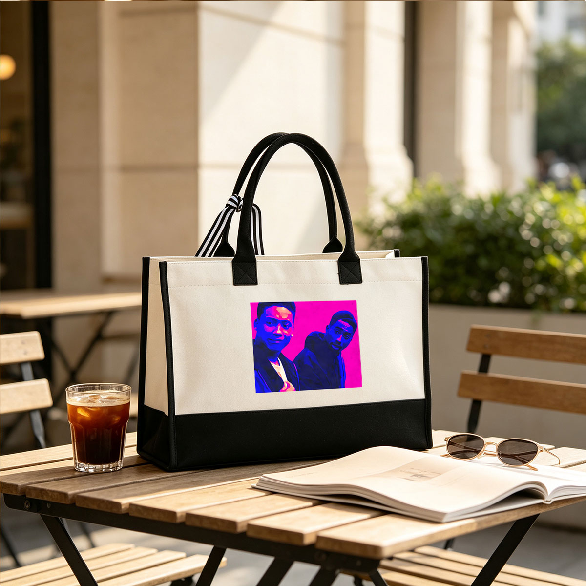 Two Men in Vibrant Colors, Stylish Attire, Pink Background - Canvas patchwork gift tote bag