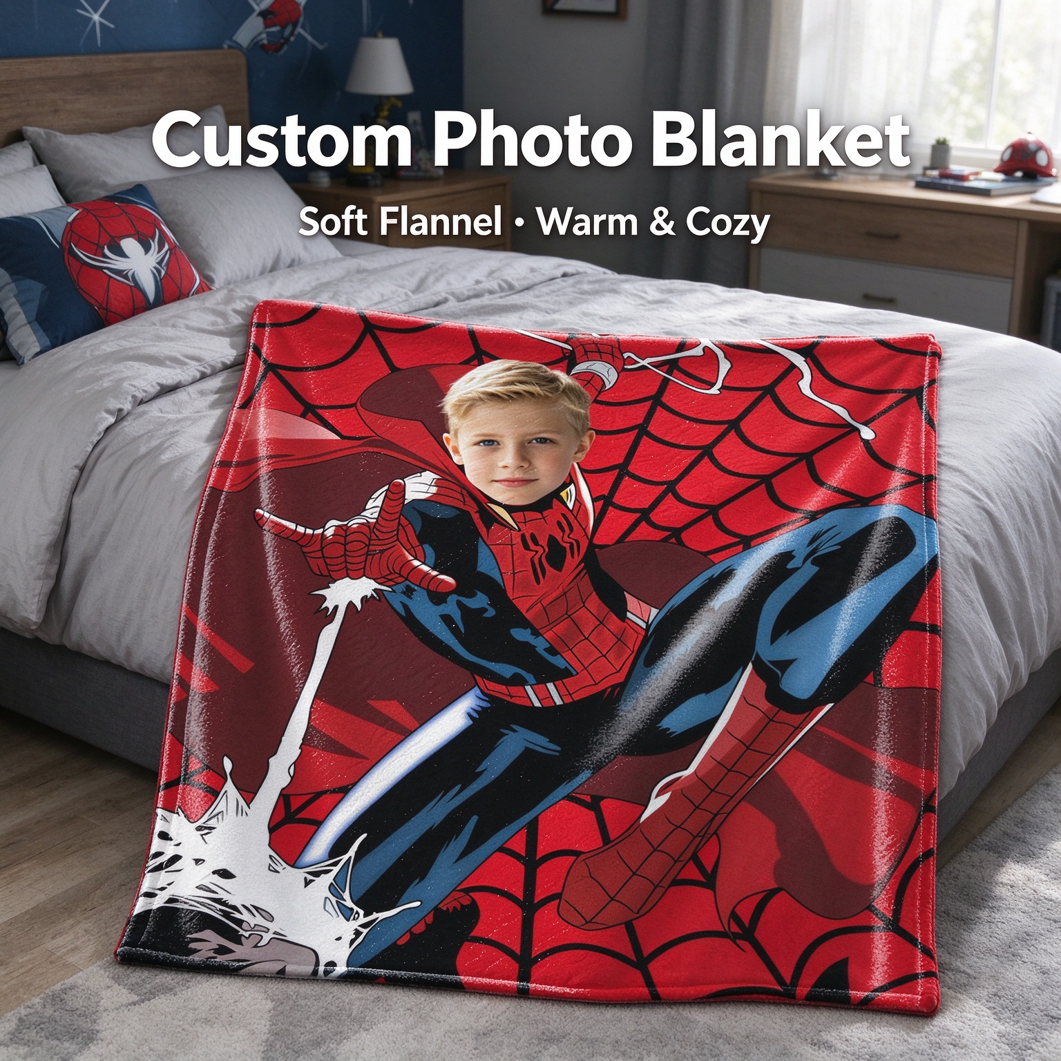 Custom Photo Superhero Fleece Blanket, Personalized Hero Portrait Throw for Kids and Fans, Ideal Cozy Gift