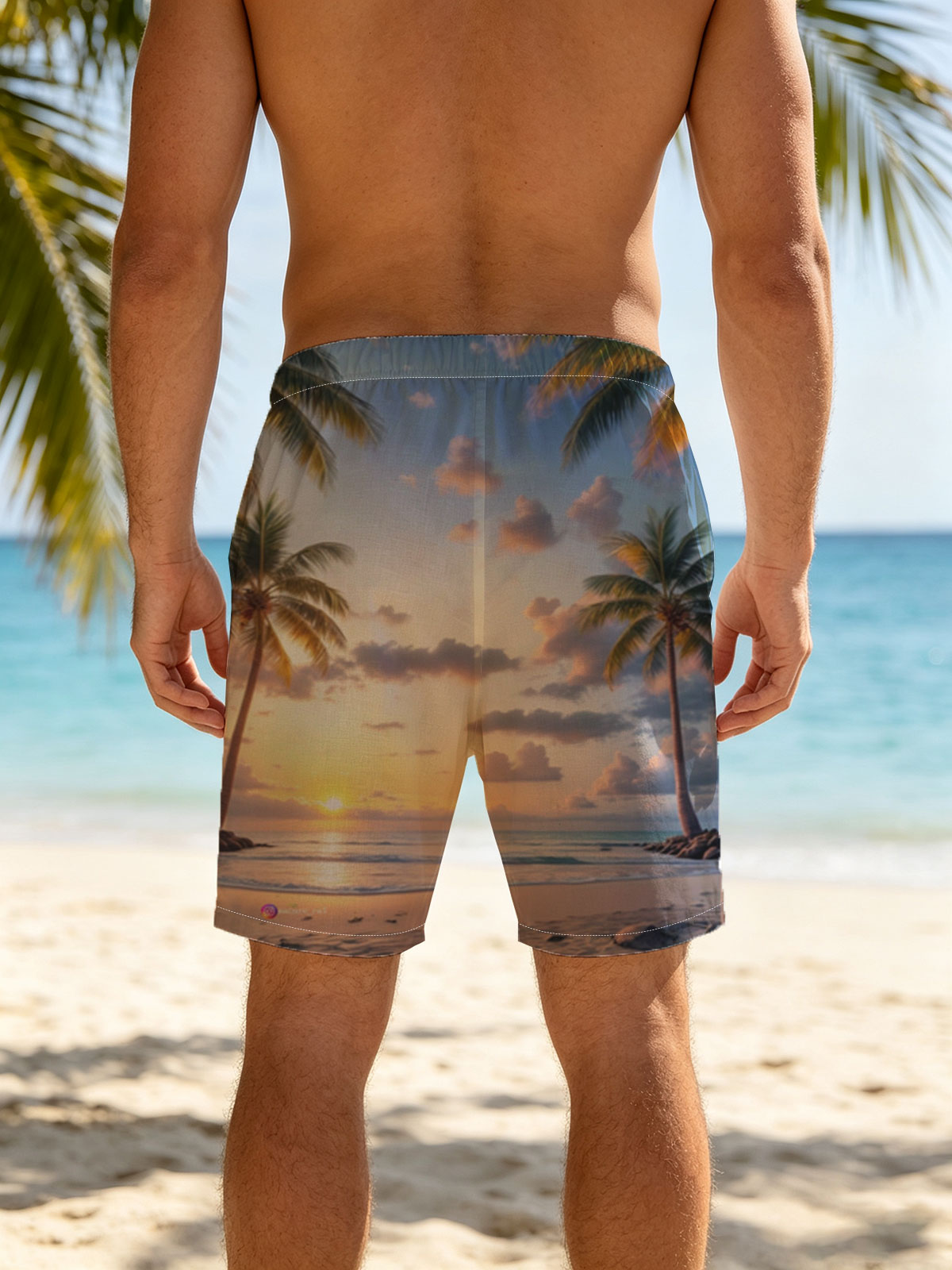 Tropical Sunset Beach with Palm Trees and Calm Ocean -  Beach shorts